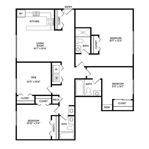 Floor plan for 3 beds, 3 baths, 1050 sqft